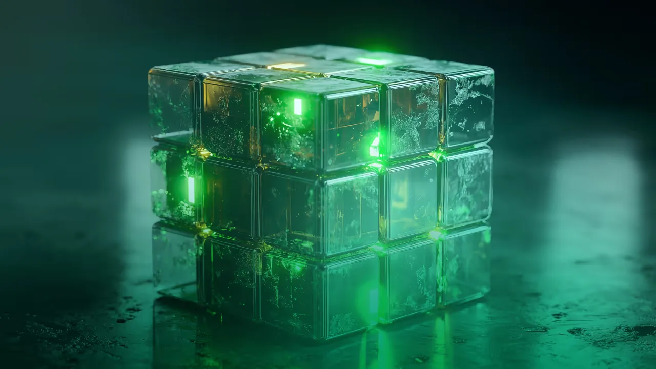 Cubi di vetro illuminati che rappresentano i moduli tecnologici di una piattaforma