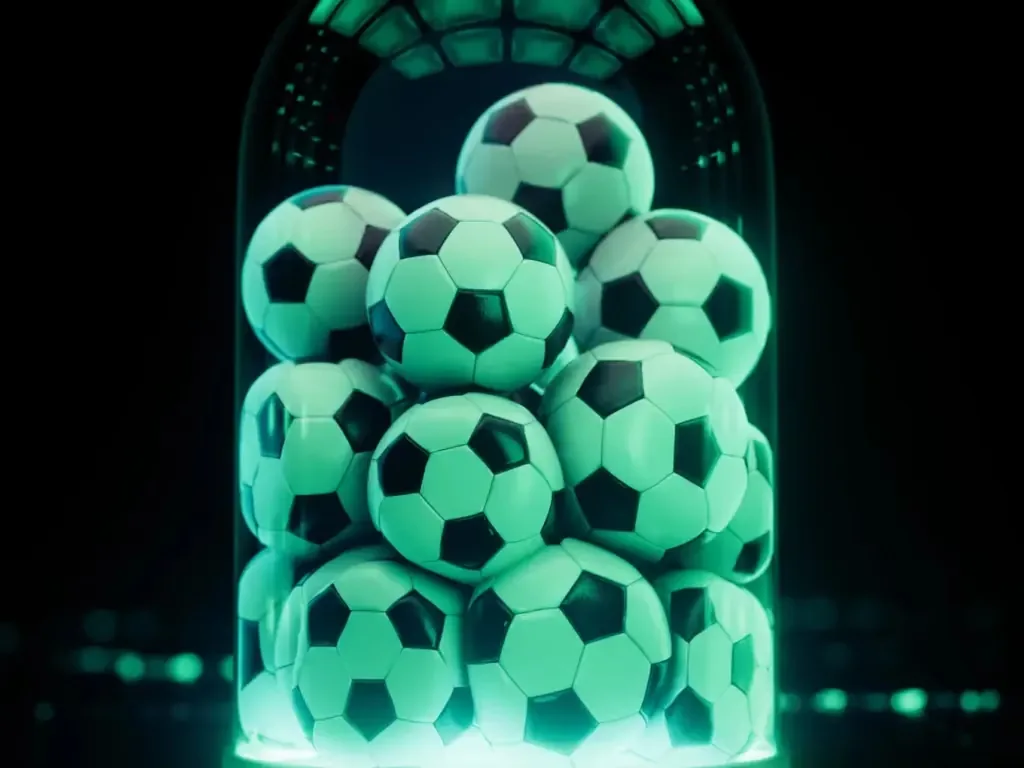 Palloni da calcio in una teca di vetro